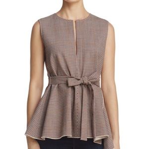 New THEORY Desza Check Peplum Sleeveless Top P 0-2
